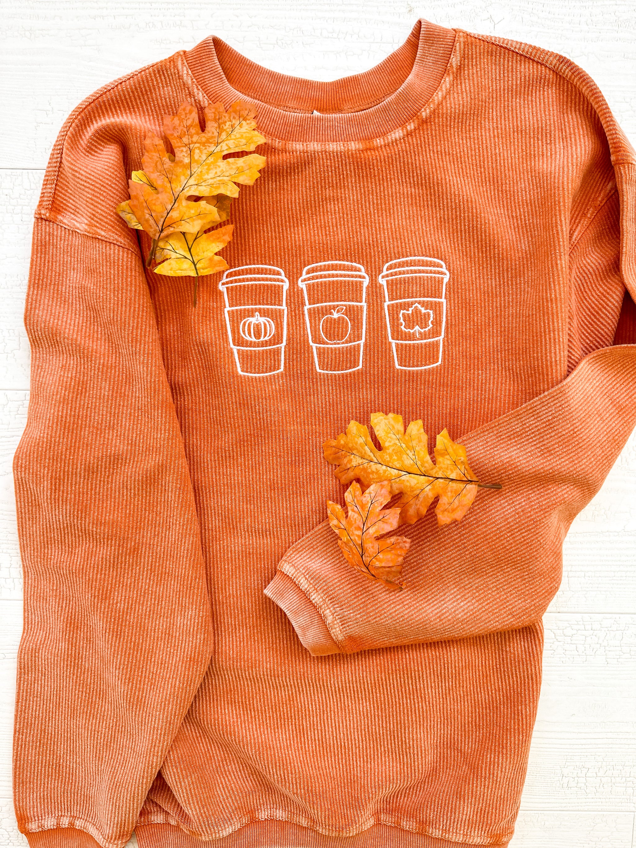 Fall Coffee Embroidered Corded Crew Neck – Tails Up, Pup